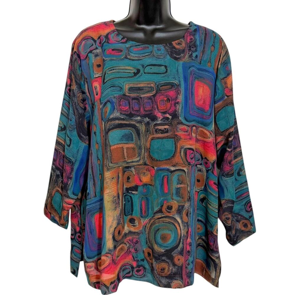 VINTAGE 80s 90s SHEER ABSTRACT MODERNIST PRINT 3/4 SLEEVE ART TO WEAR BLOUSE L